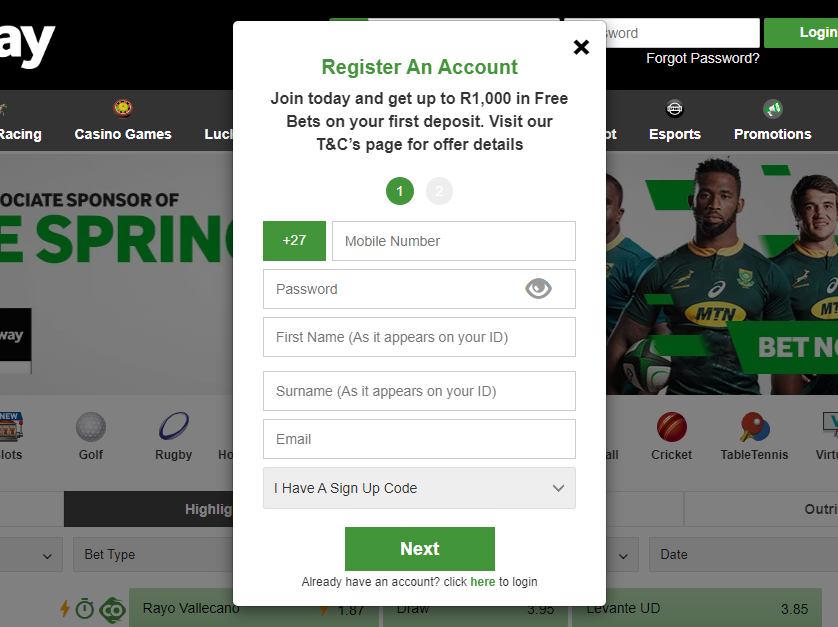 Register an account in Betway